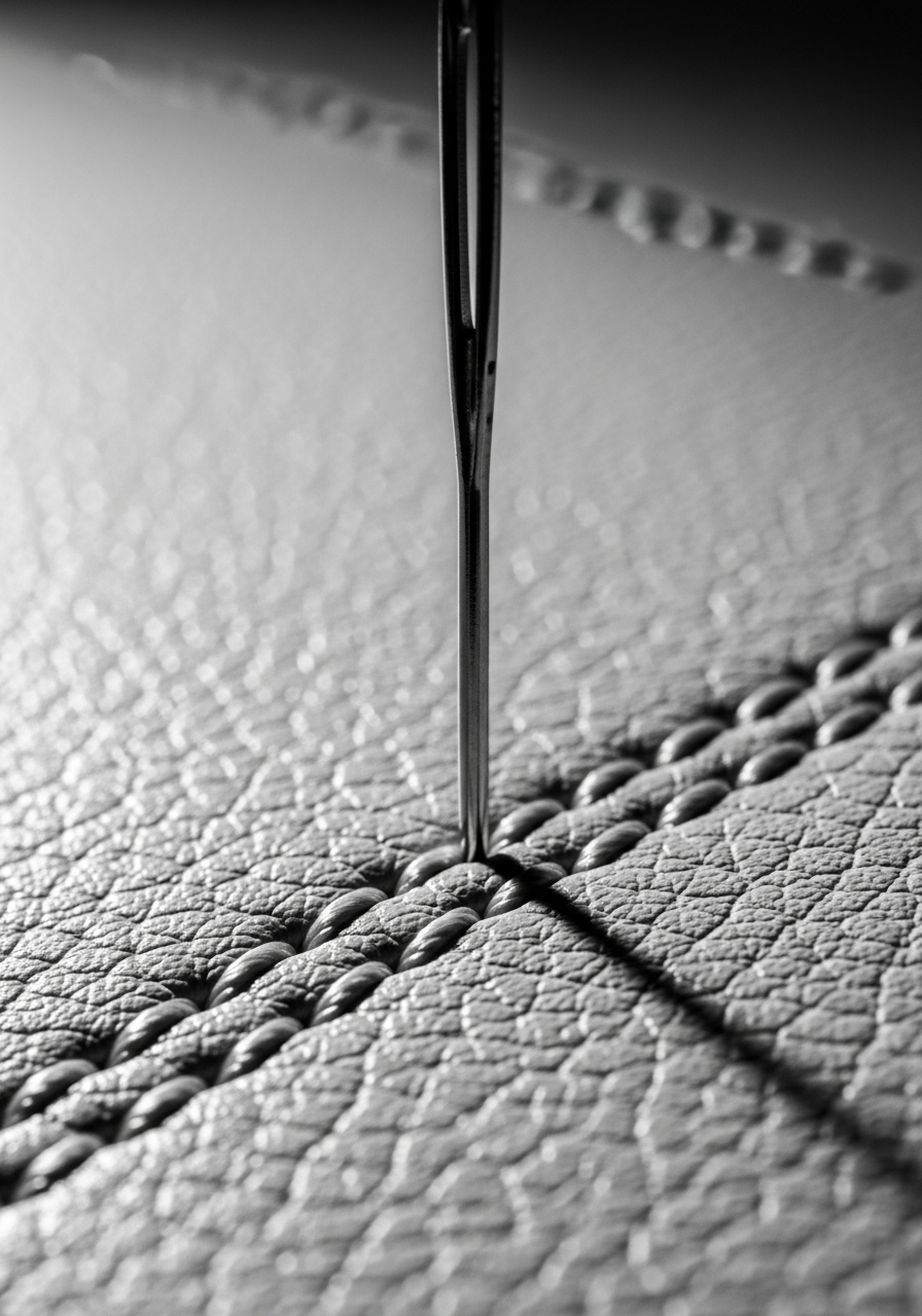 Needle stitching leather in close-up