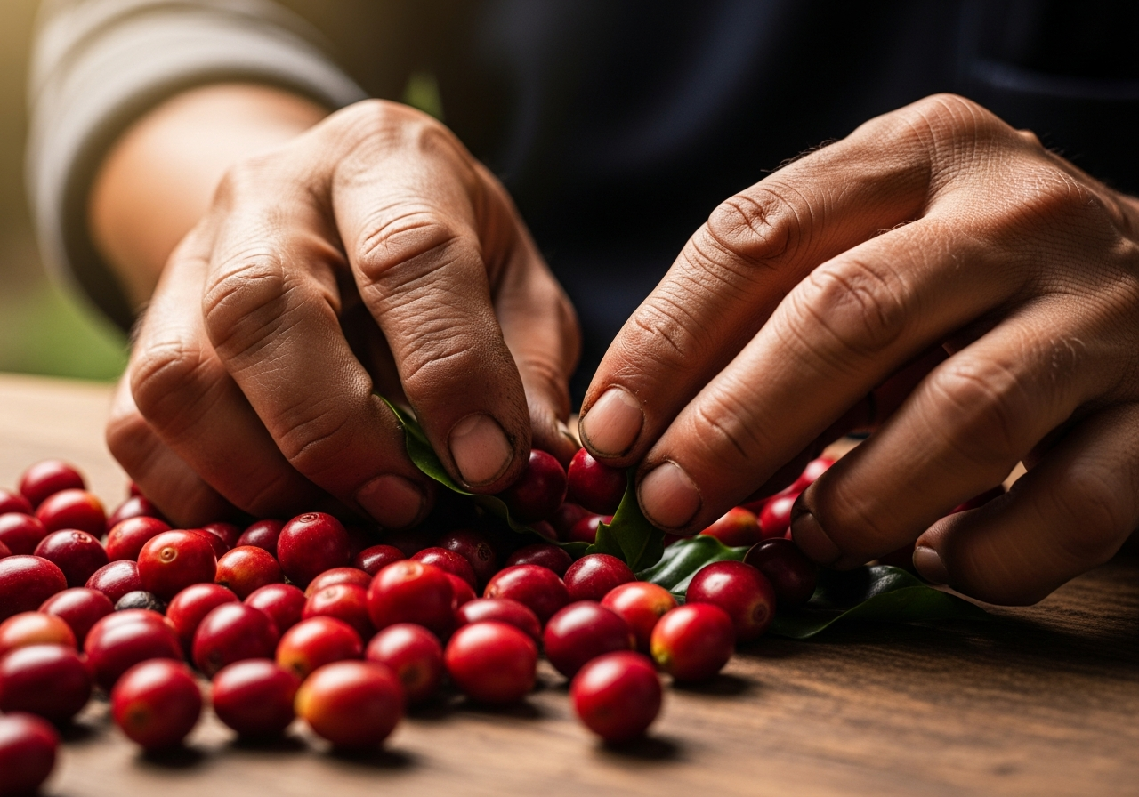 Hands sorting red coffee cherries
